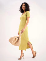 Women Khaki Rib Square Neck Midi Dress