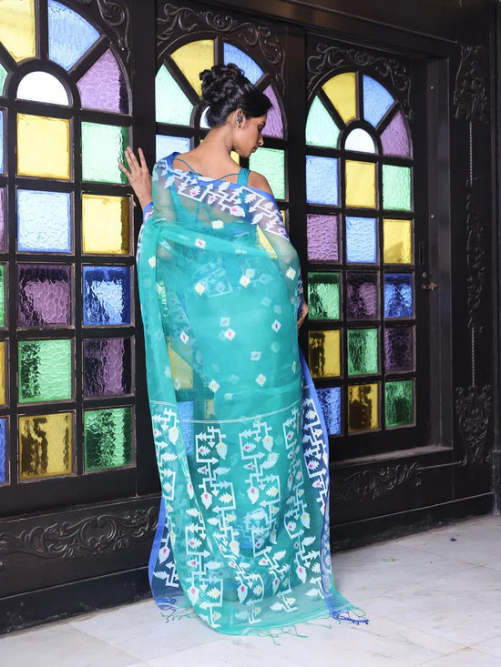 Sea Green Muslin Saree With Jamdani Designs-MA64MS401190017