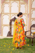 Vaasva Women Mustard Organza Multi Floral Print & Embroidered Anarkali Kurta, Pant & Dupatta set