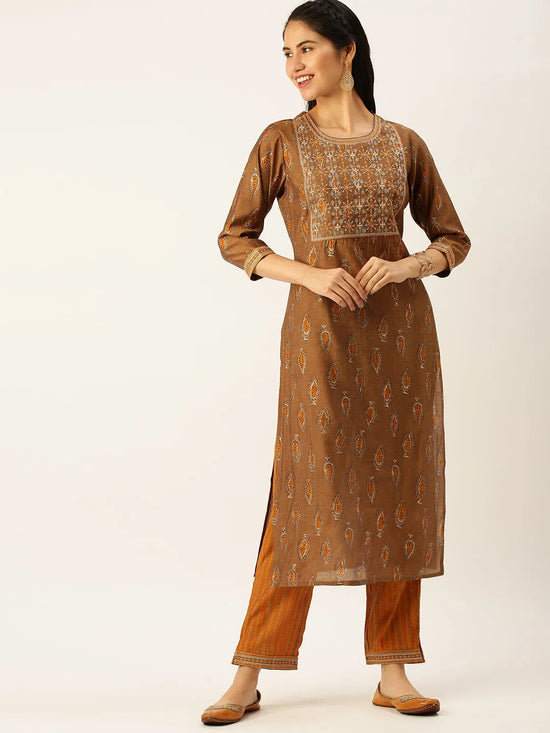 Women's Brown Printed Kurta Sets-GW-3107-Brown