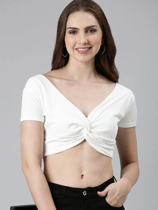 V-Neck Regular Sleeves Solid Blouson White Crop Top-AE-10659-White