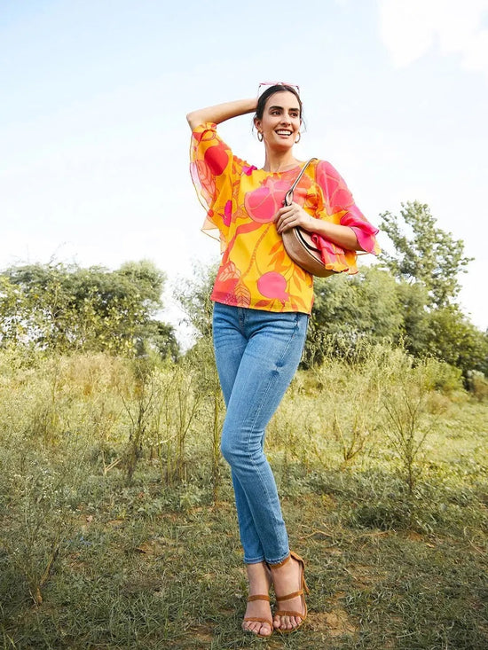 Double layered frill sleeve top in Yellow Print