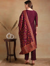 Ahika Women Burgundy Poly Chanderi Woven Design Straight Kurta Pant Set With Dupatta