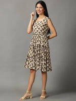 Women's Beige Printed Fit and Flare Kurti-ON-607-Beige