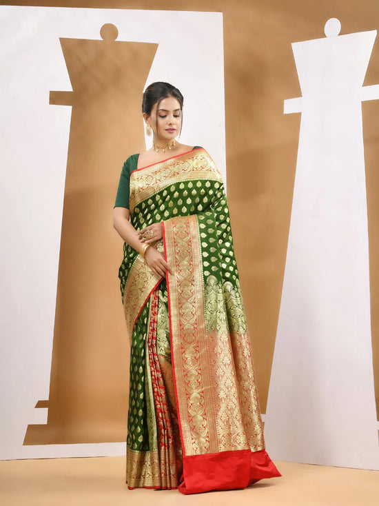 Sap Green Katan Silk Banarasi Saree With Damask Motifs And Woven Designs-MA53KA441380032