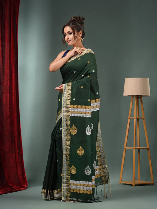 Forest Green Cotton Handwoven Saree With Woven Designs-MA50CT061410088