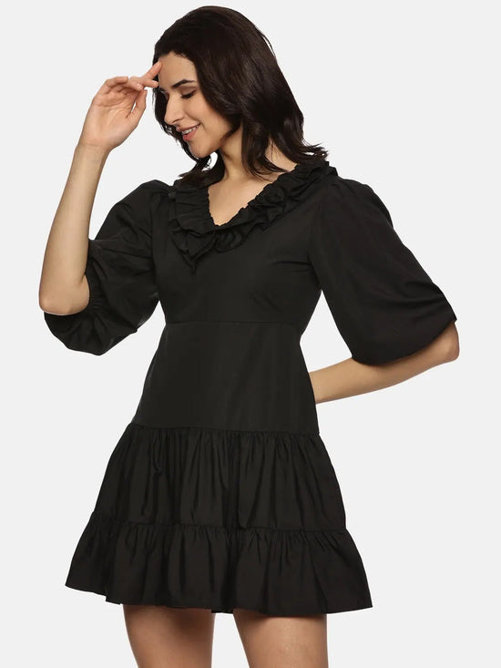 Solid Black Puff Sleeve Mini Dress-17312