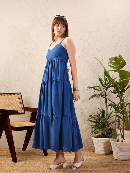 Women Royal Blue Schiffli Strappy Tered Maxi Dress