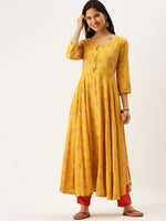 Women's Yellow Printed Anarkali Kurtas-AT-A408-LG-Yellow