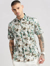 Men Spread Collar Abstract White Casual Shirt-REVERIE-2108-White