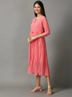 Women's Pink Solid Fit and Flare Dress-KG-8045-Pink