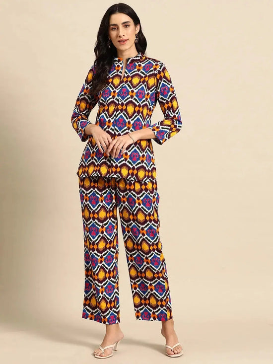 Box Pleat Shirt with flare plants in Multi Color Ikkat Print