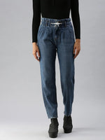 Women's Blue Solid Mom Fit Denim Jeans-GZ-5023BB-Blue