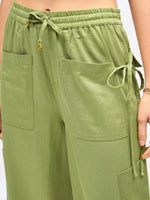 Women Olive Twill Waist Drawstring Cargo Pants