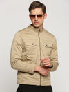 Men Beige Mock Collar Solid Tailored Jacket-SO-21-Beige