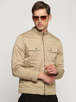 Men Beige Mock Collar Solid Tailored Jacket-SO-21-Beige