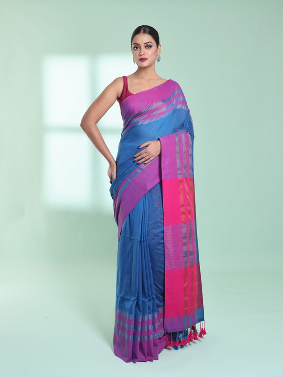 Sapphire Blue Cotton Saree With Zari Border-MA59CT06530051