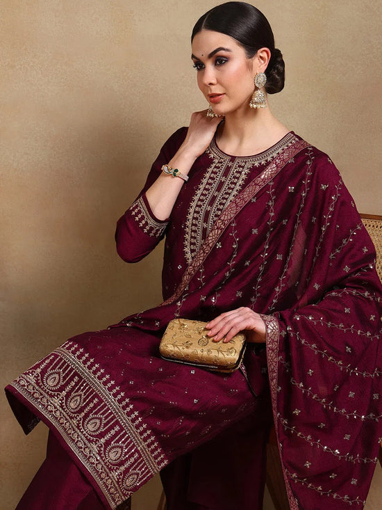 Ahika Women Burgundy Silk Blend Embroidered Straight Kurta Palazzo Set With Dupatta-PKSKD1816B_XS