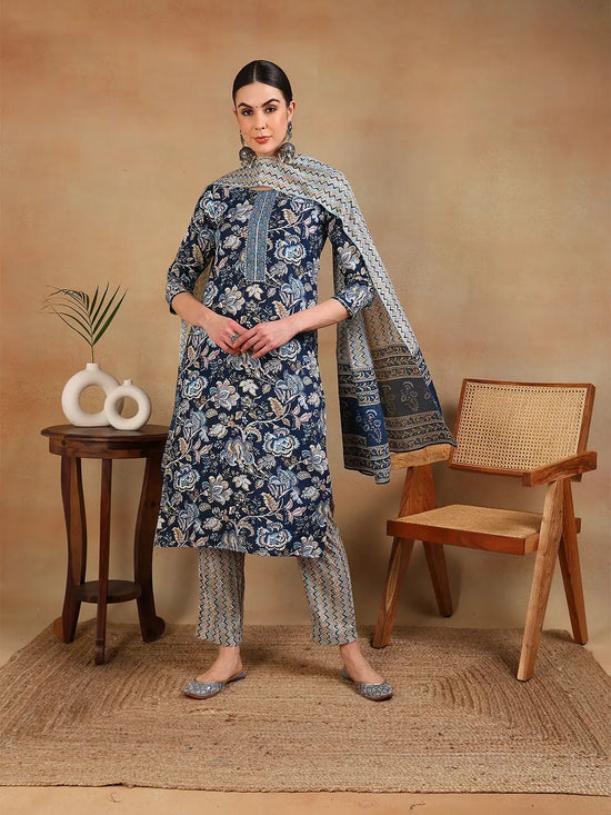 Ahika Women Blue Rayon Blend Printed Straight Kurta Pant Set-VKSKD2169A_XS