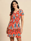 Overlap printed kimono sleeve short dress in Red Ikkat Print