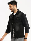 Men Charcoal Spread Collar Solid Denim Jacket-IB-DJ-08-Charcoal