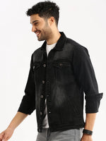 Men Charcoal Spread Collar Solid Denim Jacket-IB-DJ-08-Charcoal