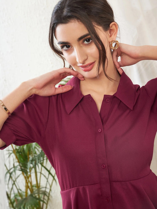 Women Maroon Frill Detail Shirt Style Blouse