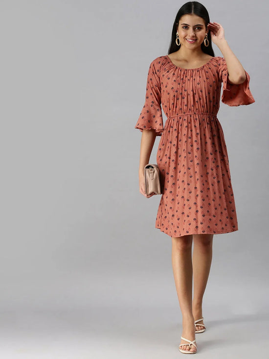 Women Brown Printed A-Line Dress-AE-9887-Brownnavyblue