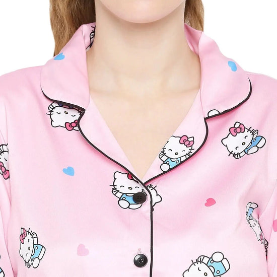 Smarty Pants Women's Silk Satin Pastel Pink Color Hello Kitty Print Full Sleeves Night Suit