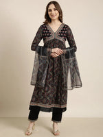 Women A-Line Navy Blue Ethnic Motifs Kurta and Trousers Set Comes With Dupatta-GW-4412-Navyblue