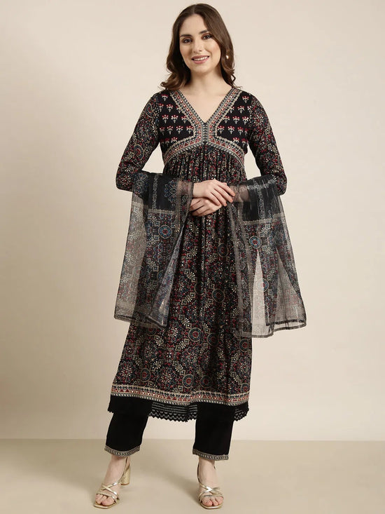 Women A-Line Navy Blue Ethnic Motifs Kurta and Trousers Set Comes With Dupatta-GW-4412-Navyblue