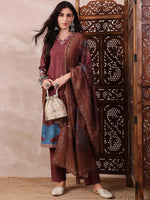 Ahika Women Brown Silk Blend Floral Printed Straight Kurta Trouser With Dupatta-PKSKD2552BRN