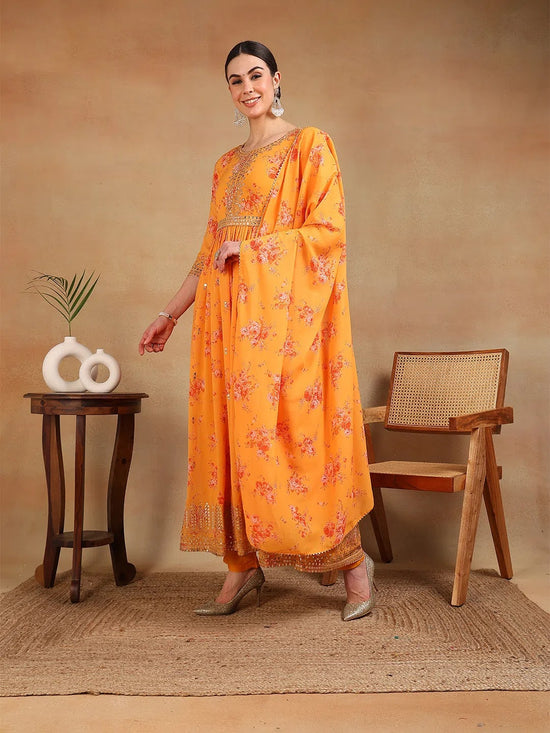 Ahika Women Orange Georgette Printed Anarkali Kurta Pant Set With Dupatta