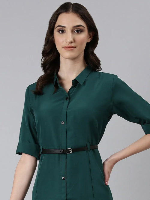 Women Green Solid Shirt Dress-DF-1589-Green