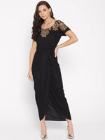 Gold Block Print Front Pleated side cowl dress in Black