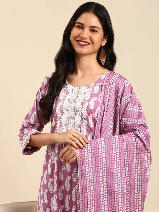 Women's Lavender Printed Kurta Set-AT-A577-Lavender