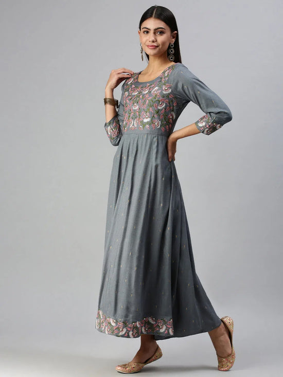 Women's Blue Floral Anarkali Kurta-RF1279-Blue