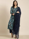 Women Straight Blue Floral Kurta and Trousers Set Comes With Dupatta-DK-3608-Blue