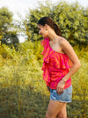 One shoulder Frill Top in Pink and Orange Print