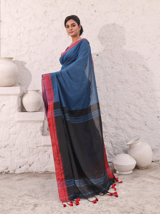 Teal Blue Pure Cotton Saree With Temple Border-MA54CT33440073