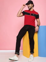 Venitian Men Printed Polo Neck Cut And Sew Cotton Red T-Shirt