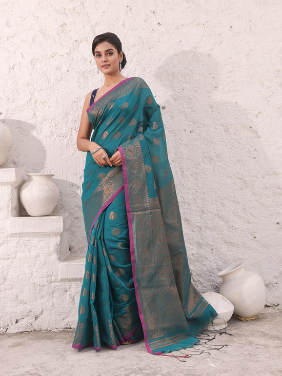 Teal Cotton Saree With Damask Motifs And Zari Border-MA54BCT04940053