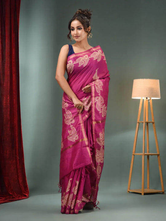 Violet Blended Silk Handwoven Saree With Paisley Border-MA50BSL34710005