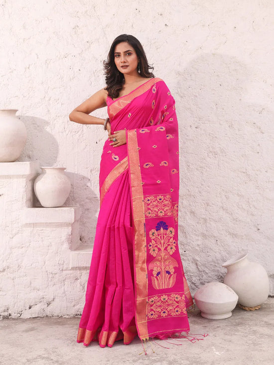 Fuchsia Cotton Saree With Woven Designs And Zari Border-MA54BCT041210046