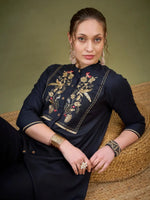 Women Black Front Yoke Embroidered Shirt With Palazzos