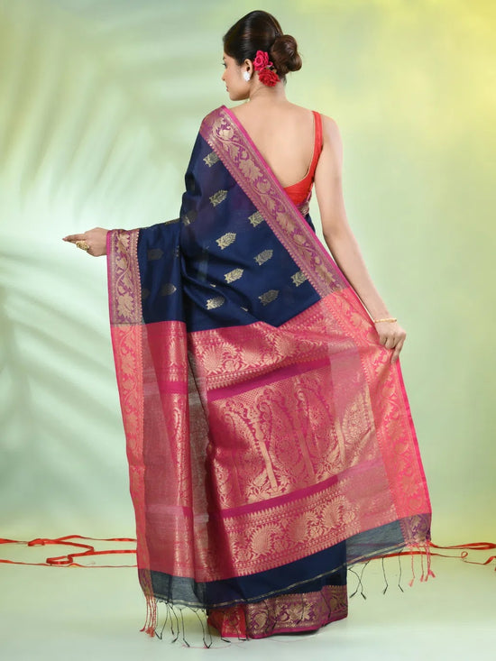 Navy Blue Cotton Saree With Nakshi Zari Borders-MA66BCT431050021