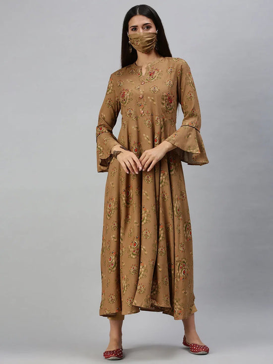 Women's Brown Printed Anarkali Kurta-BCKC654-Brown