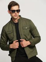 Men Olive Mock Collar Solid Tailored Jacket-SO-23-2-Olive