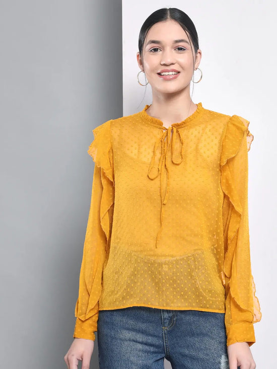 Yellow Dobby Ruffle Sleeve Top