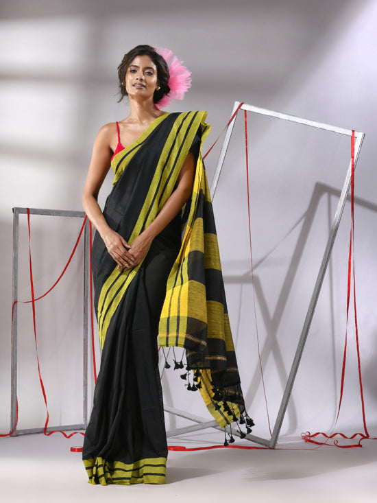 Black Cotton Saree With Stripe Solid Border-MA55CT06520077